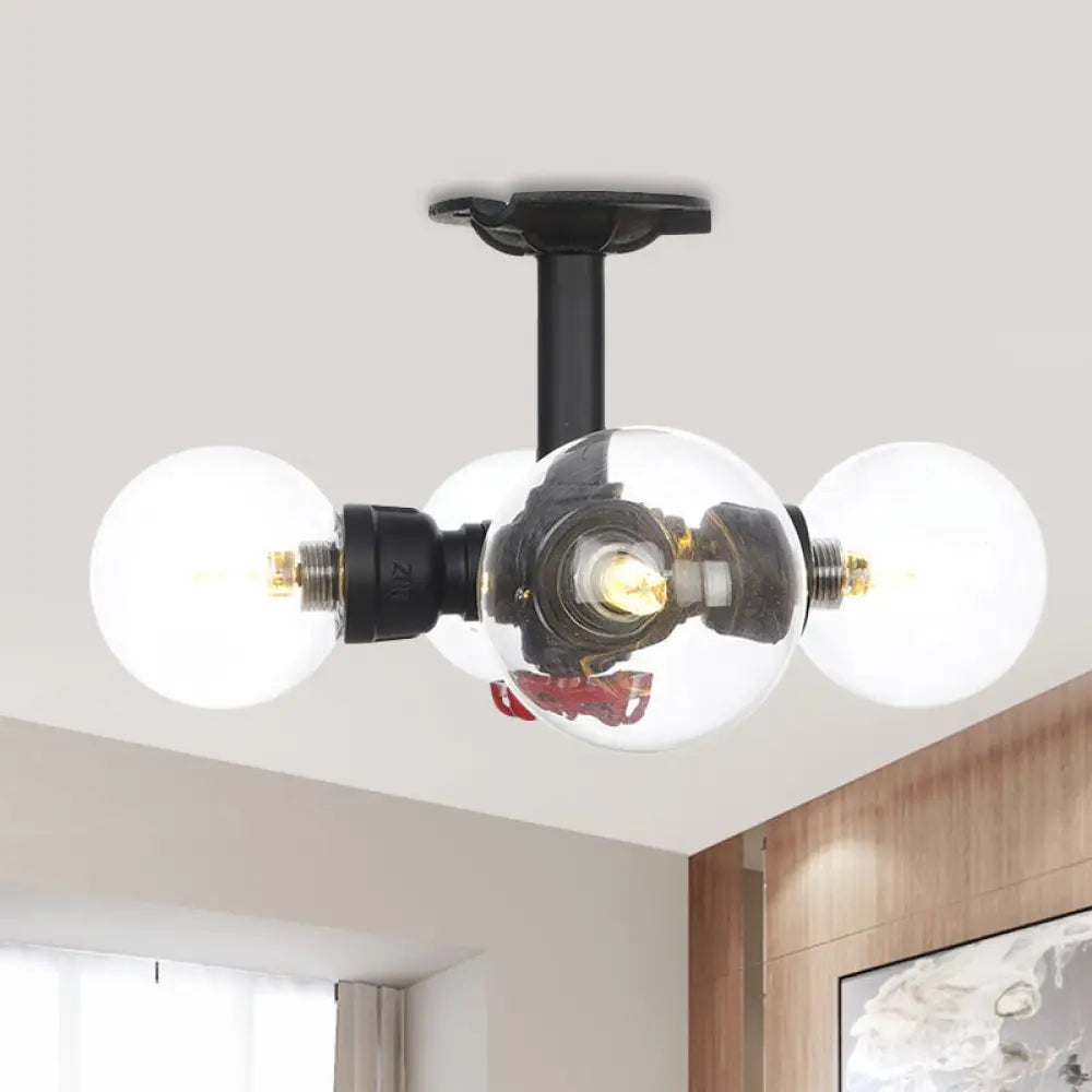 Industrial Orb Semi - Flush Clear Glass Led Lights In Black / D
