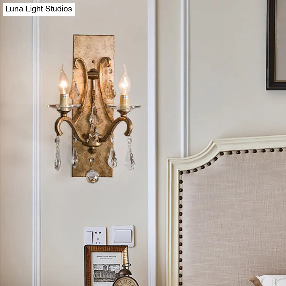 Industrial Rust Iron Wall Sconce With Teardrop Crystal 2 Bulb Candle Style Light