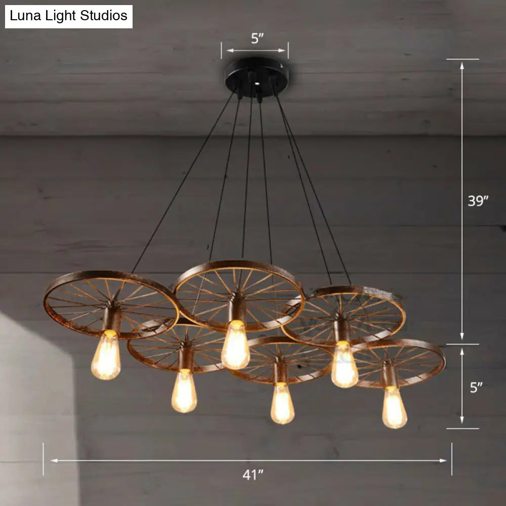 Industrial Rust Metal Chandelier: Wheel Ceiling Pendant Light For Living Room