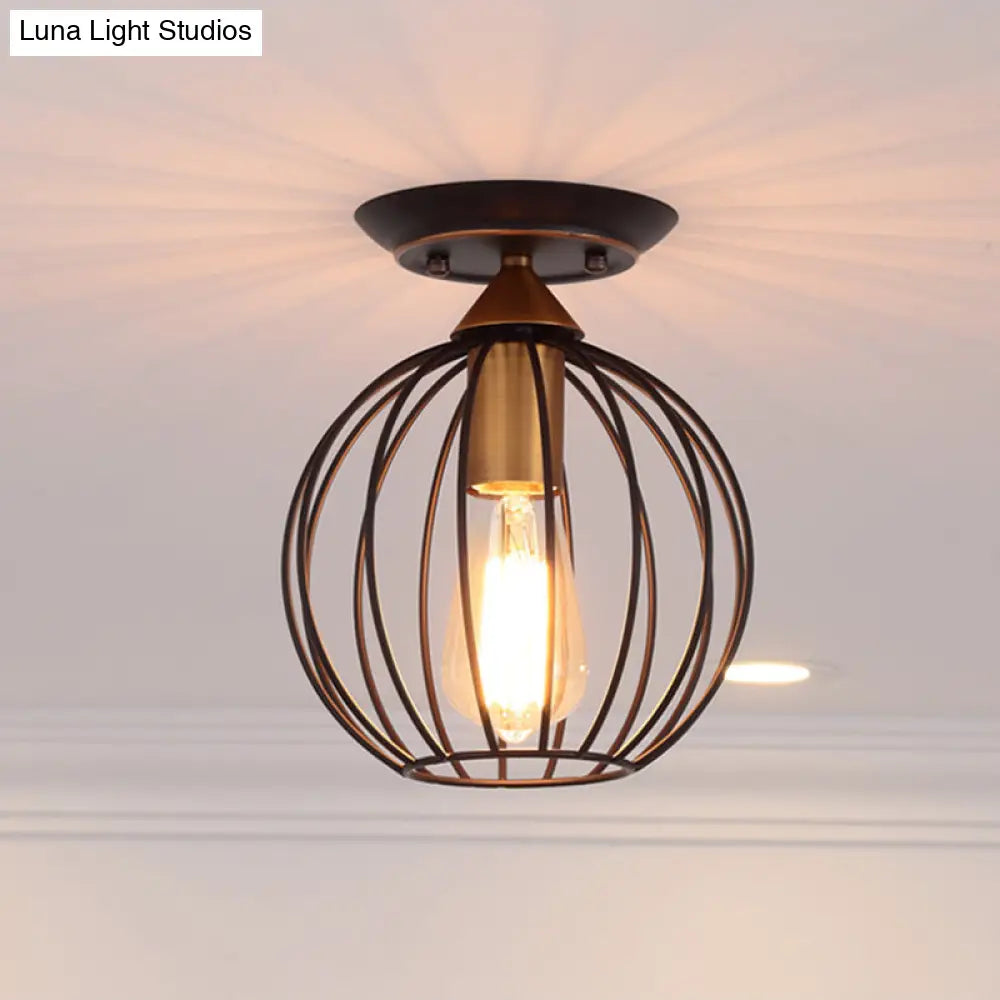 Industrial Semi Flush Ceiling Light With Caged Globe Shade - Black Metal Finish