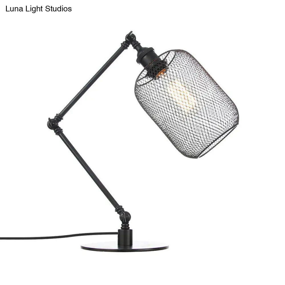 Industrial Style Metal Cylindrical Table Light With Adjustable Black/Brass Finish And Mesh Screen