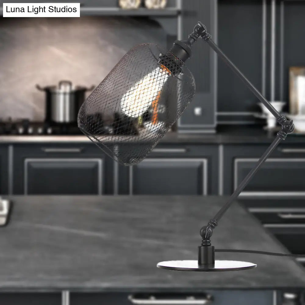 Industrial Style Metal Cylindrical Table Light With Adjustable Black/Brass Finish And Mesh Screen