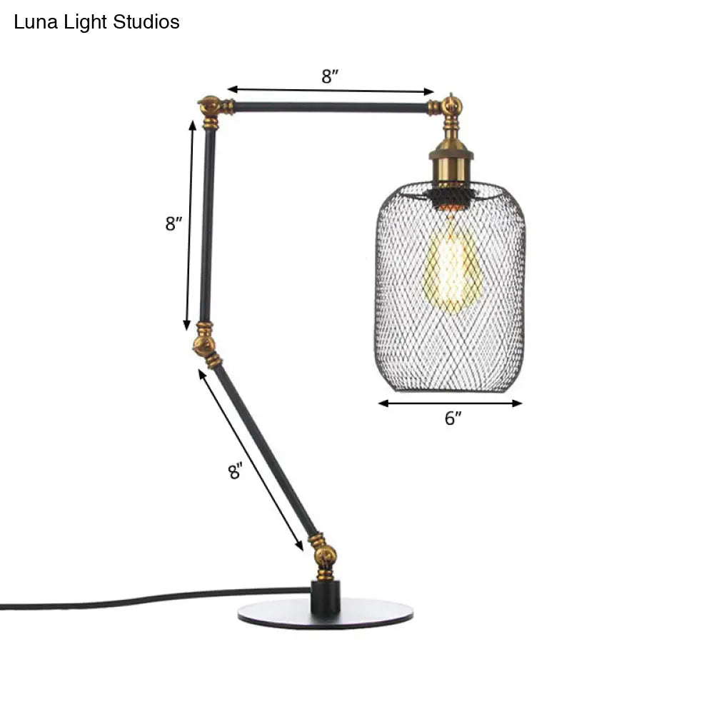 Industrial Style Metal Cylindrical Table Light With Adjustable Black/Brass Finish And Mesh Screen