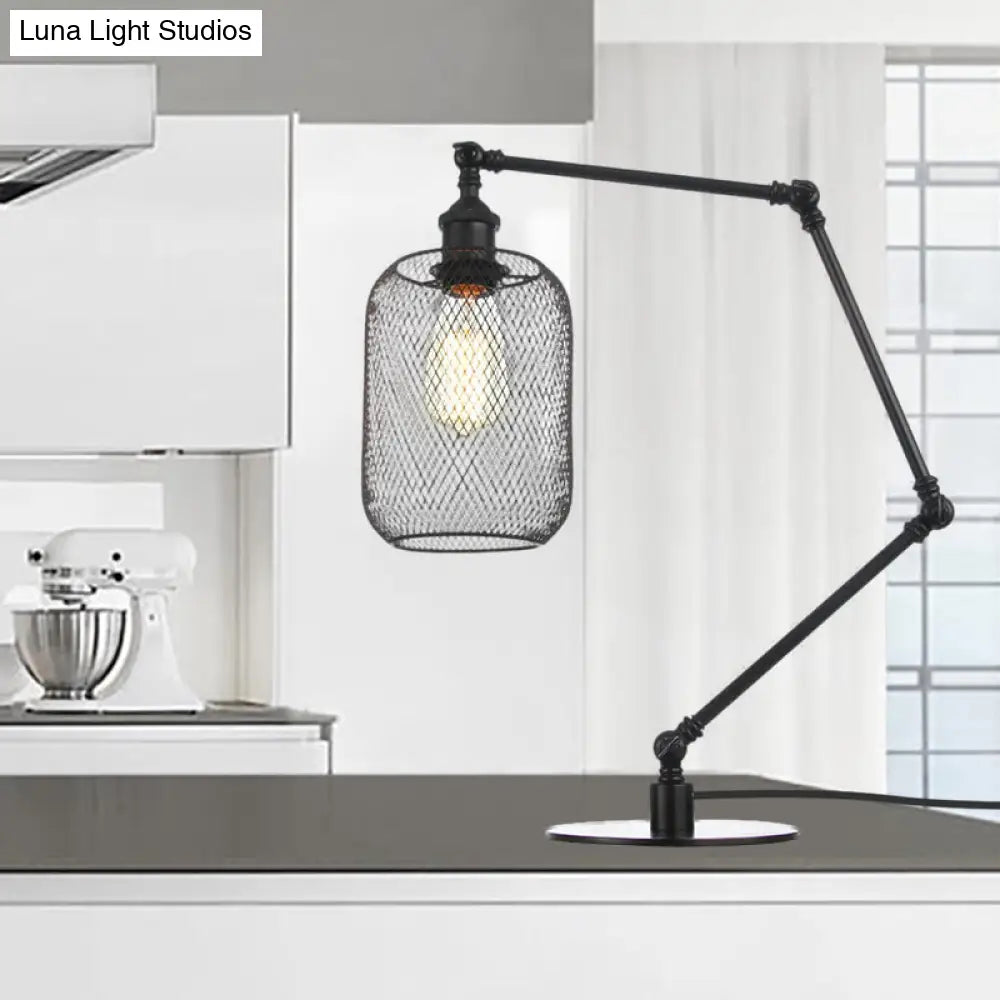 Industrial Style Metal Cylindrical Table Light With Adjustable Black/Brass Finish And Mesh Screen