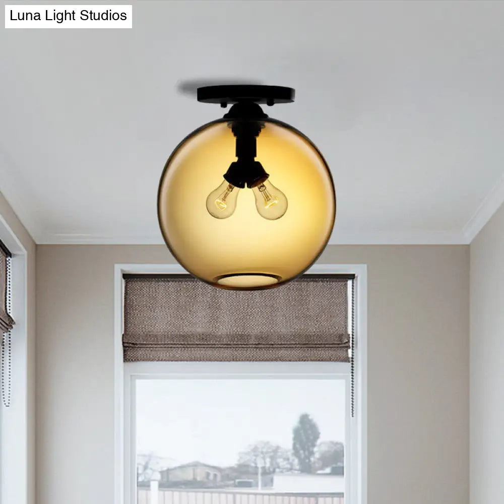 Industrial Style Semi-Flush Ceiling Light With Globe Shade In Red/Brown/Blue Glass For Dining Room