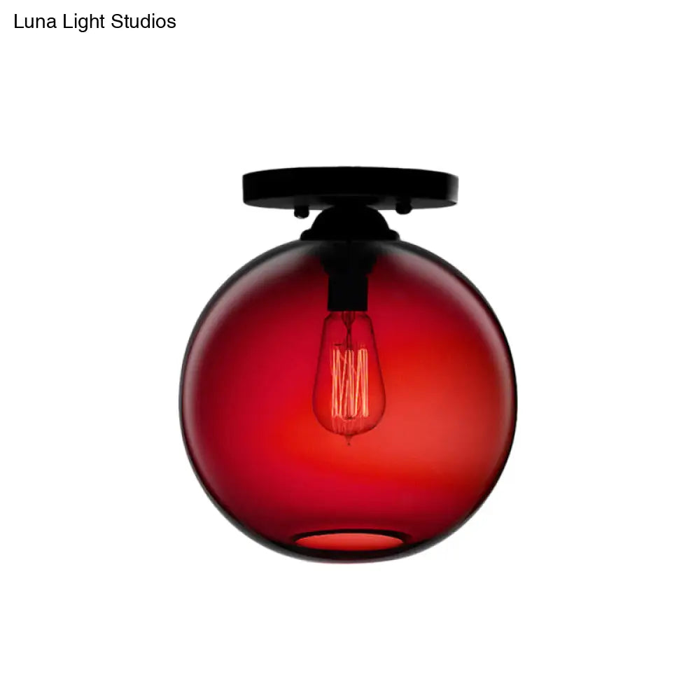 Industrial Style Semi-Flush Ceiling Light With Globe Shade In Red/Brown/Blue Glass For Dining Room