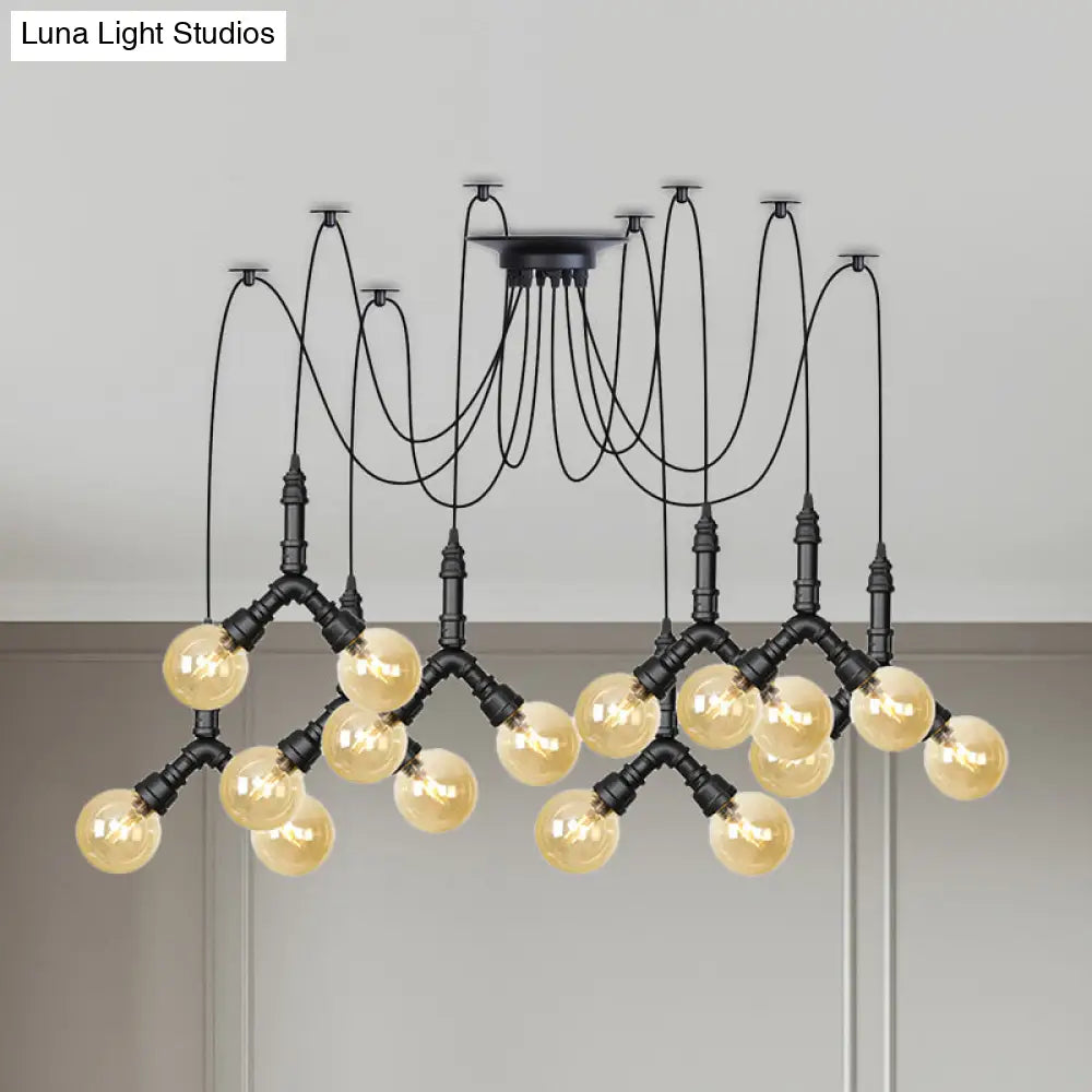 Industrial Swag Pendant Light - Amber Glass Globe Multiple Ceiling Lights Led Black Finish Perfect