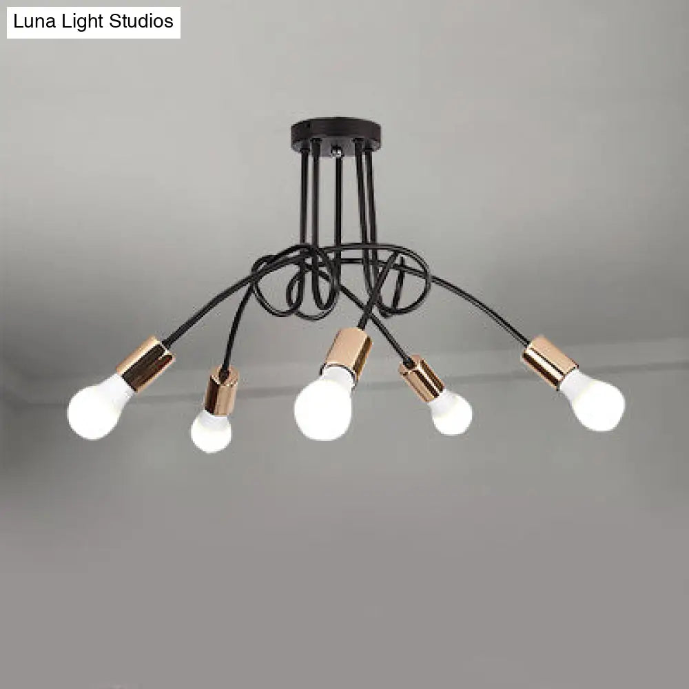 Industrial Twisted Metallic Semi-Flush Ceiling Light With Bare Bulb - Black 3/5 Lights For Hallway