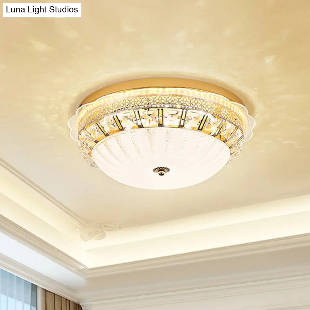 Ivory Glass Gold Ceiling Dome Led Flush Mount With Crystal Accent