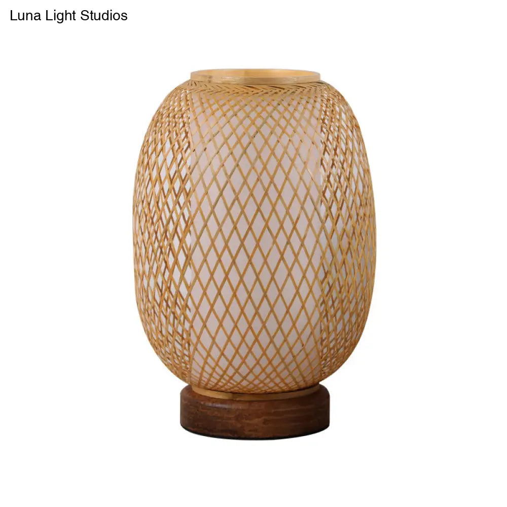 Japanese Bamboo Lantern Desk Lamp - Beige 1-Head Task Light With Circular Wood Base