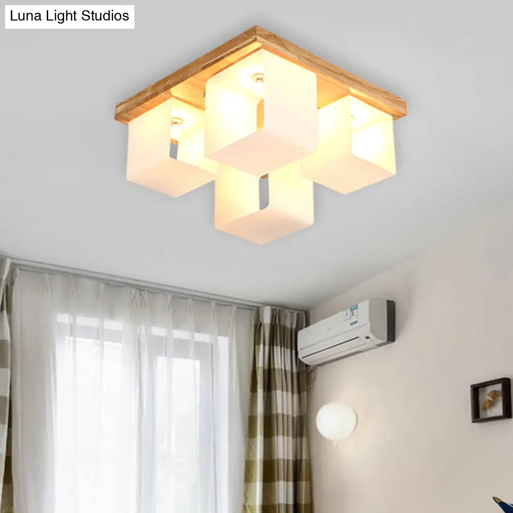 Japanese White Glass Wood Led Flush Ceiling Cube Frame Fixture - 4-Head Mount Lighting