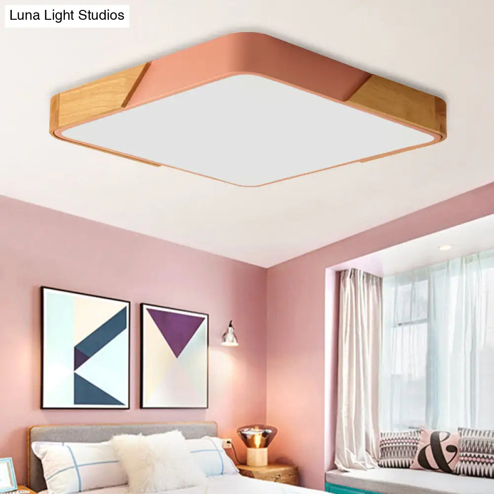 Kids Bedroom Ceiling Light - Nordic Green Square Flush Mount With Wood And Acrylic Shade