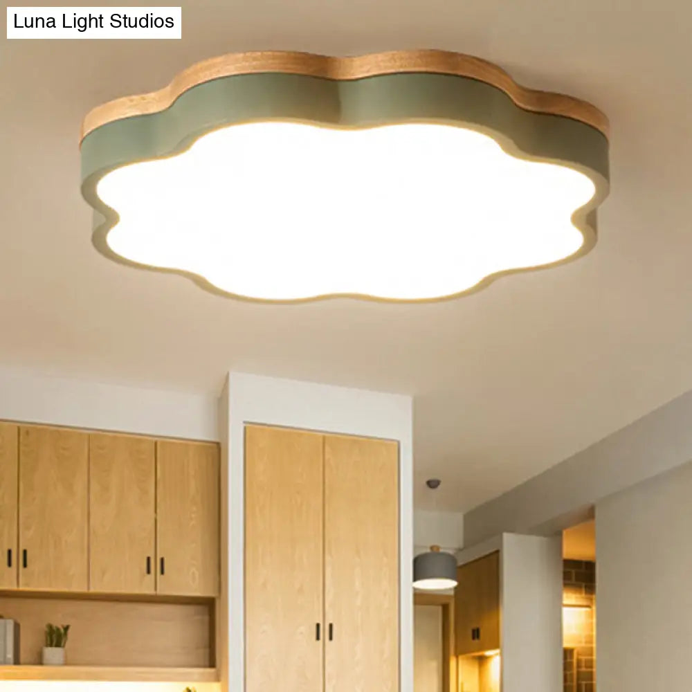 Kids Bedroom Wood Led Flush Mount Ceiling Light With Floral Shade