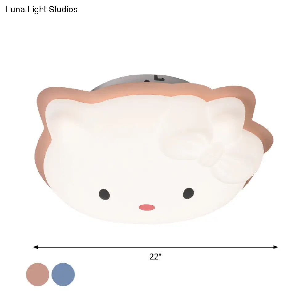 Kids’ Cartoon Cat Led Flush Mount Light Fixture For Pink/Blue Bedroom Décor