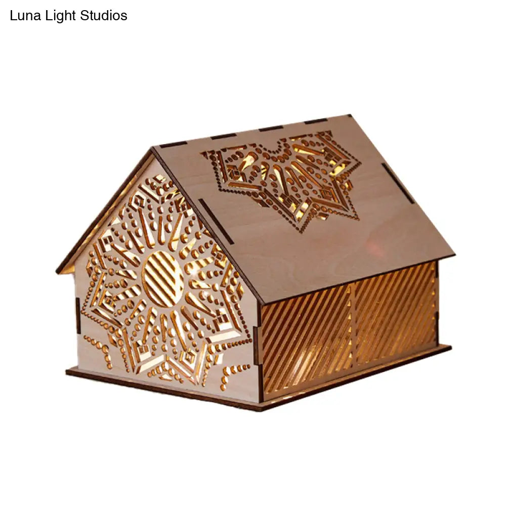 Kids Cottage Mini Night Lamp - Wooden Led Nightstand Light In Brown With Sculpted Flower/Star/Loving