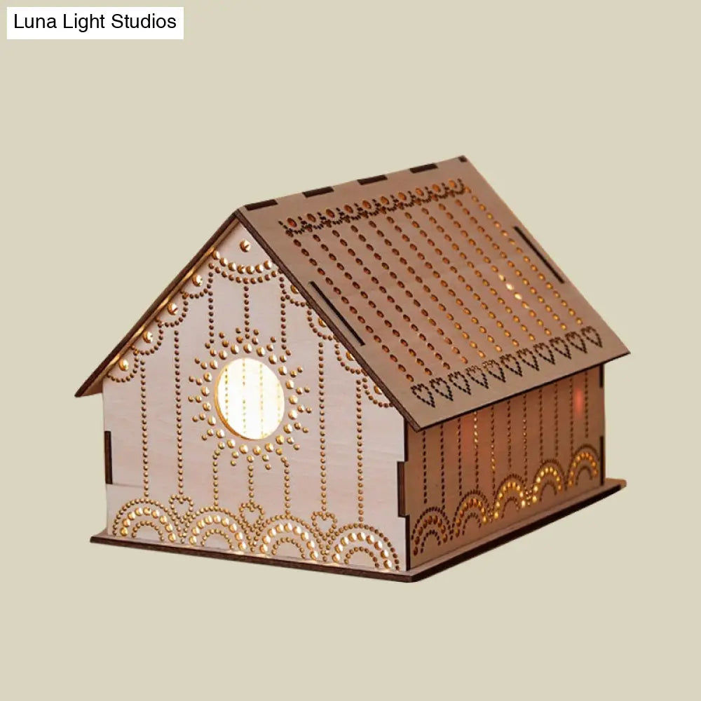 Kids Cottage Mini Night Lamp - Wooden Led Nightstand Light In Brown With Sculpted Flower/Star/Loving