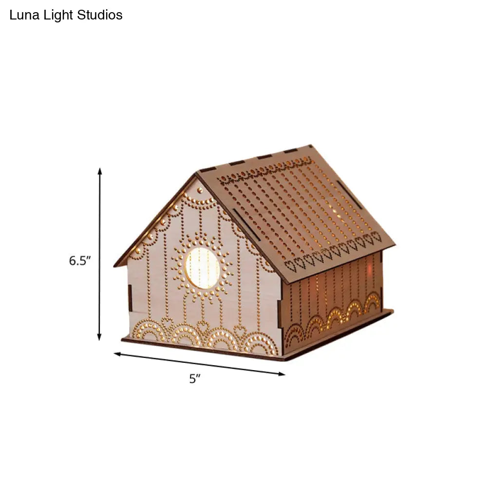 Kids Cottage Mini Night Lamp - Wooden Led Nightstand Light In Brown With Sculpted Flower/Star/Loving