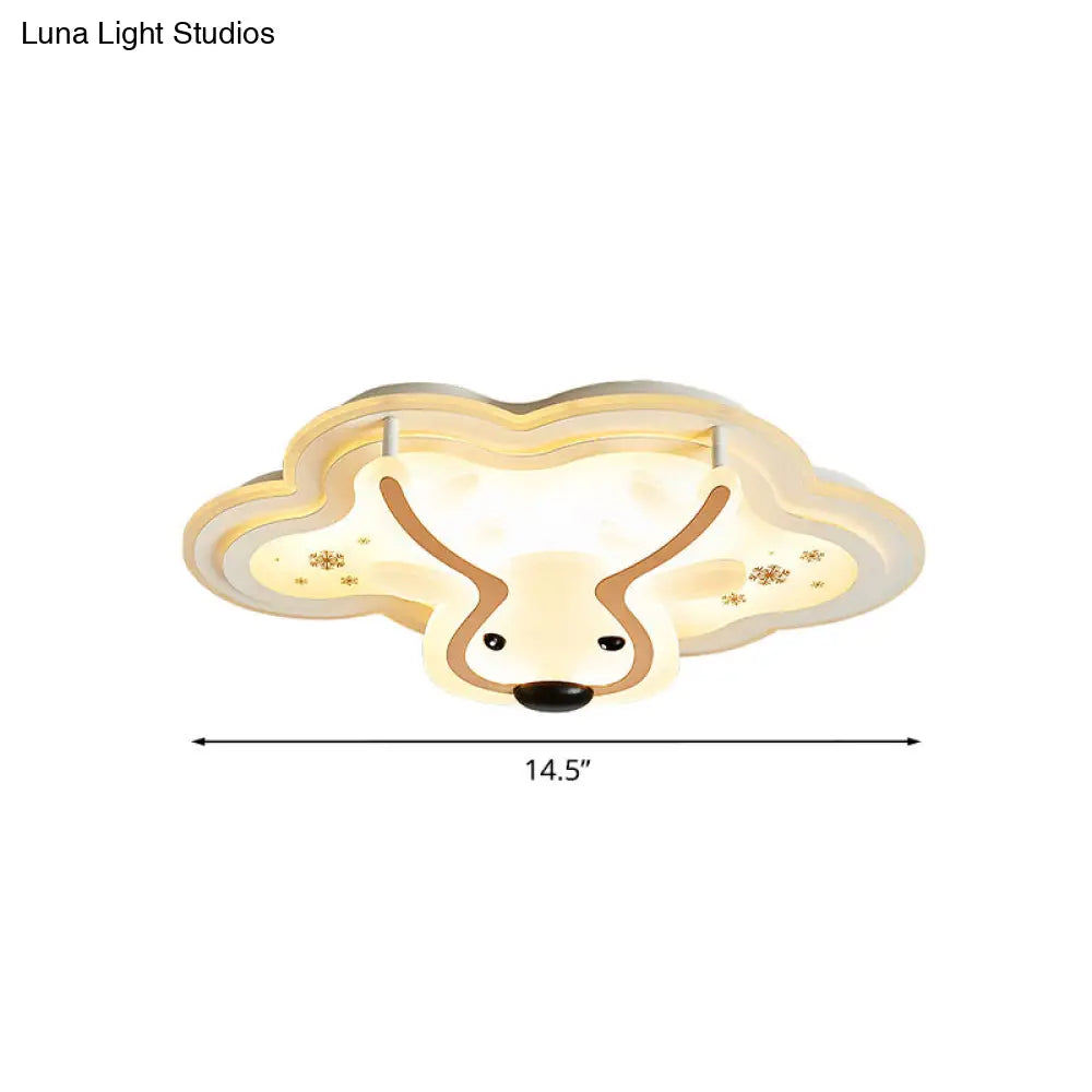 Kids’ Led Flush Ceiling Light - Deer Patterned Cloud Acrylic Bedroom Lamp In White
