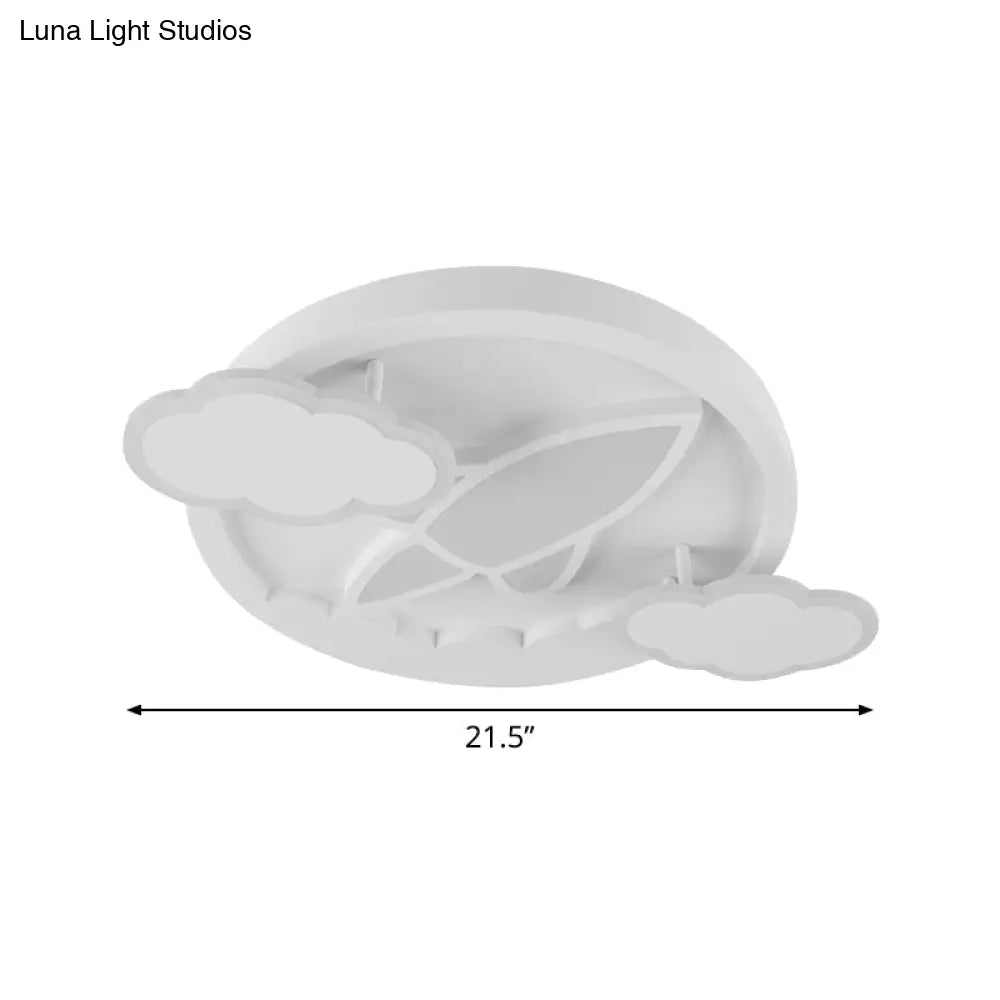 Kid’s Led Flush Mount Ceiling Light - Creative White Plane Behind Cloud Design With Acrylic Shade