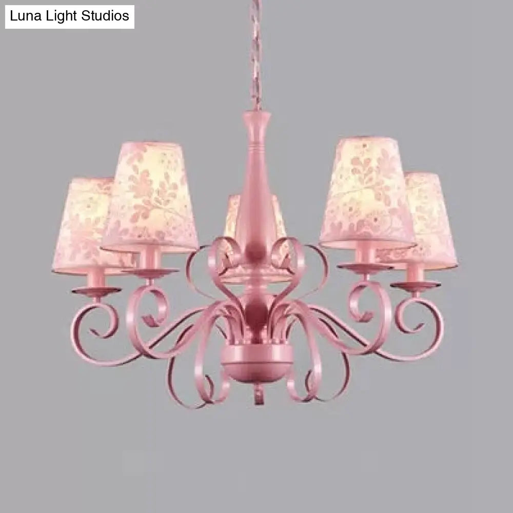 Kids Pink Tapered Shade Chandelier - 5 Light Metal Hanging Lamp For Living Room