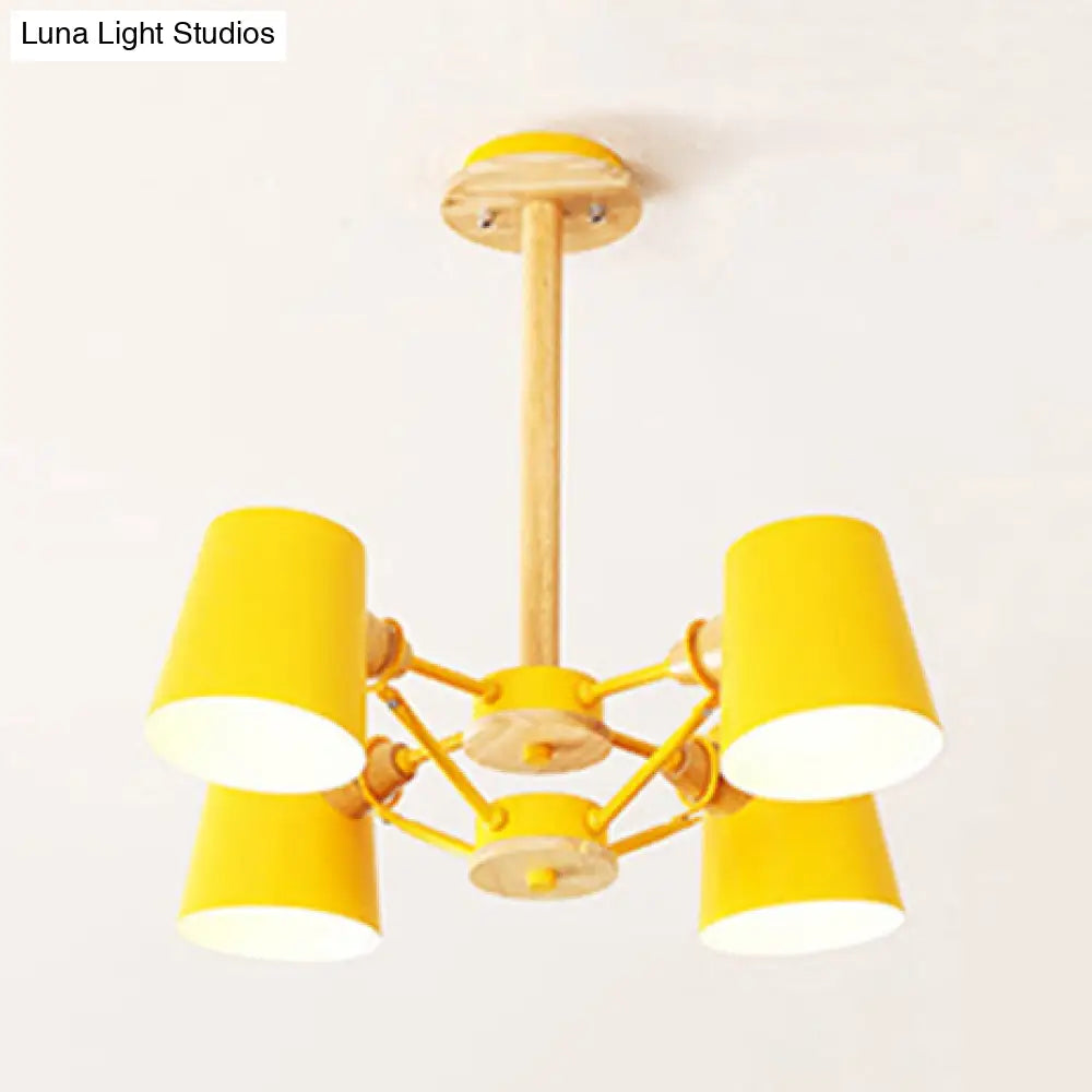 Kids Wood Chandelier: Macaron Style Hanging Fixture For Bedroom With Rod And Tapered Shade