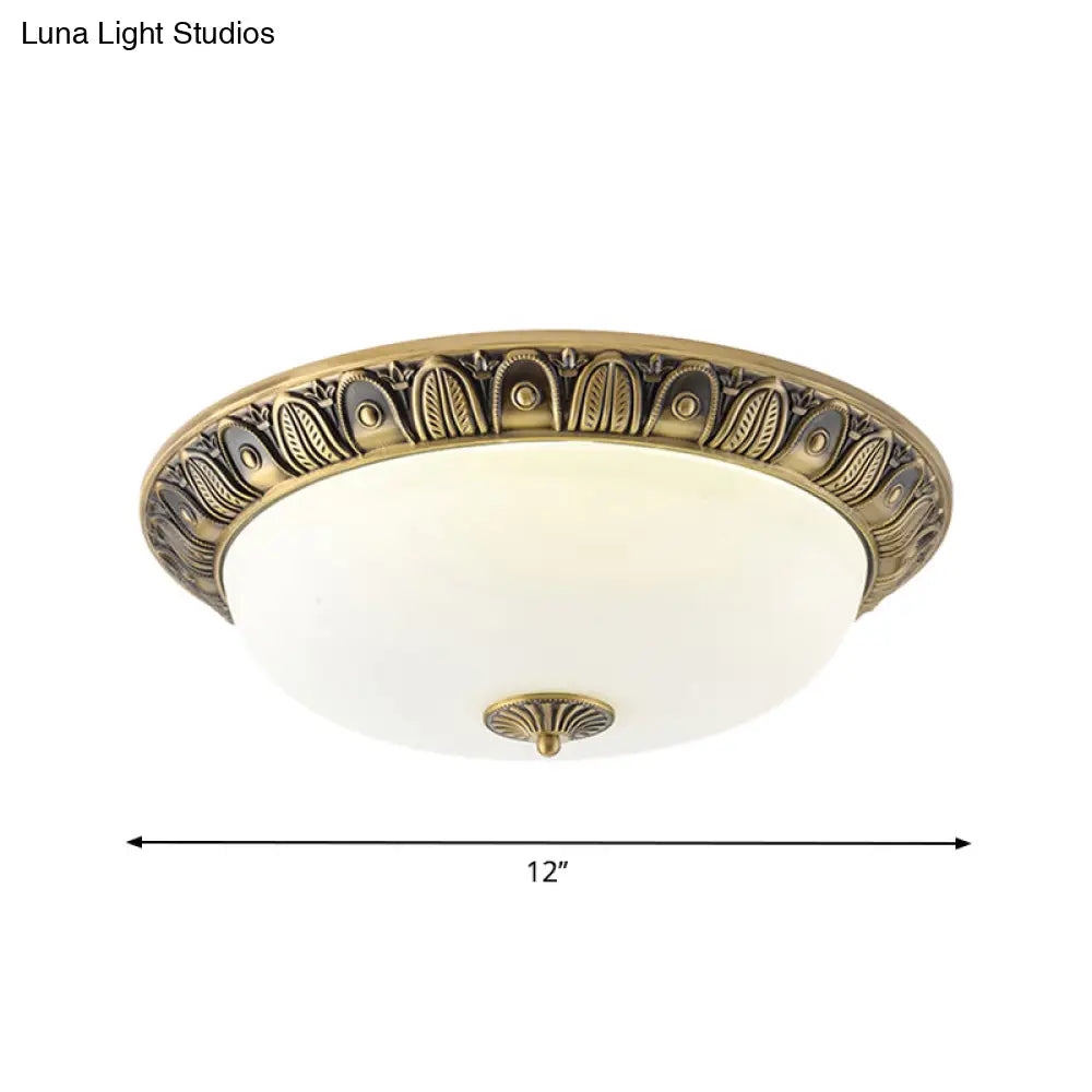 Led Dome Ceiling Lamp Fixture - Wide Antiqued Brass Finish With Opal Glass Flushmount Lighting