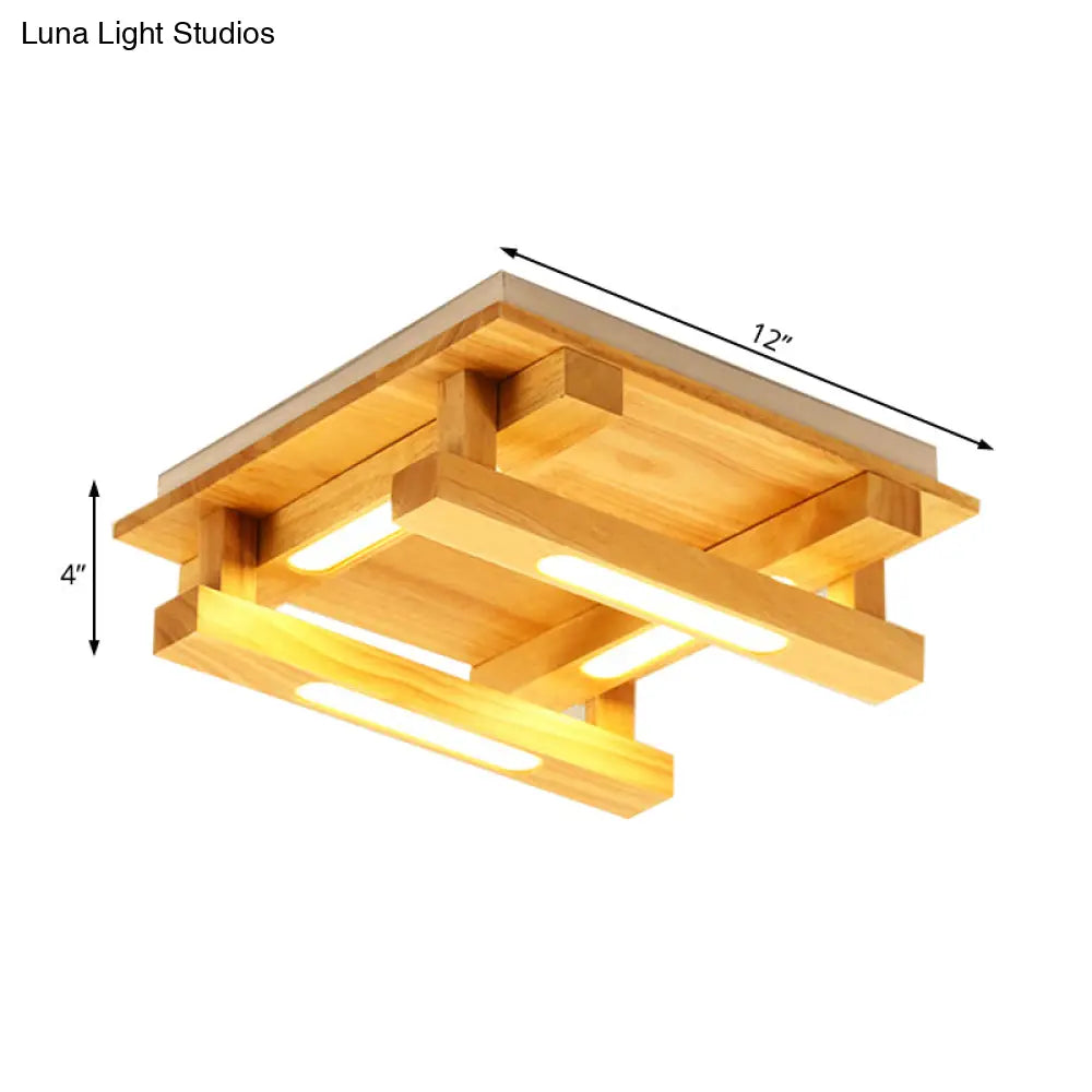 Led Flush Ceiling Light With Square Wood Shade - Modernist Brown Finish For Living Room (1/4/9