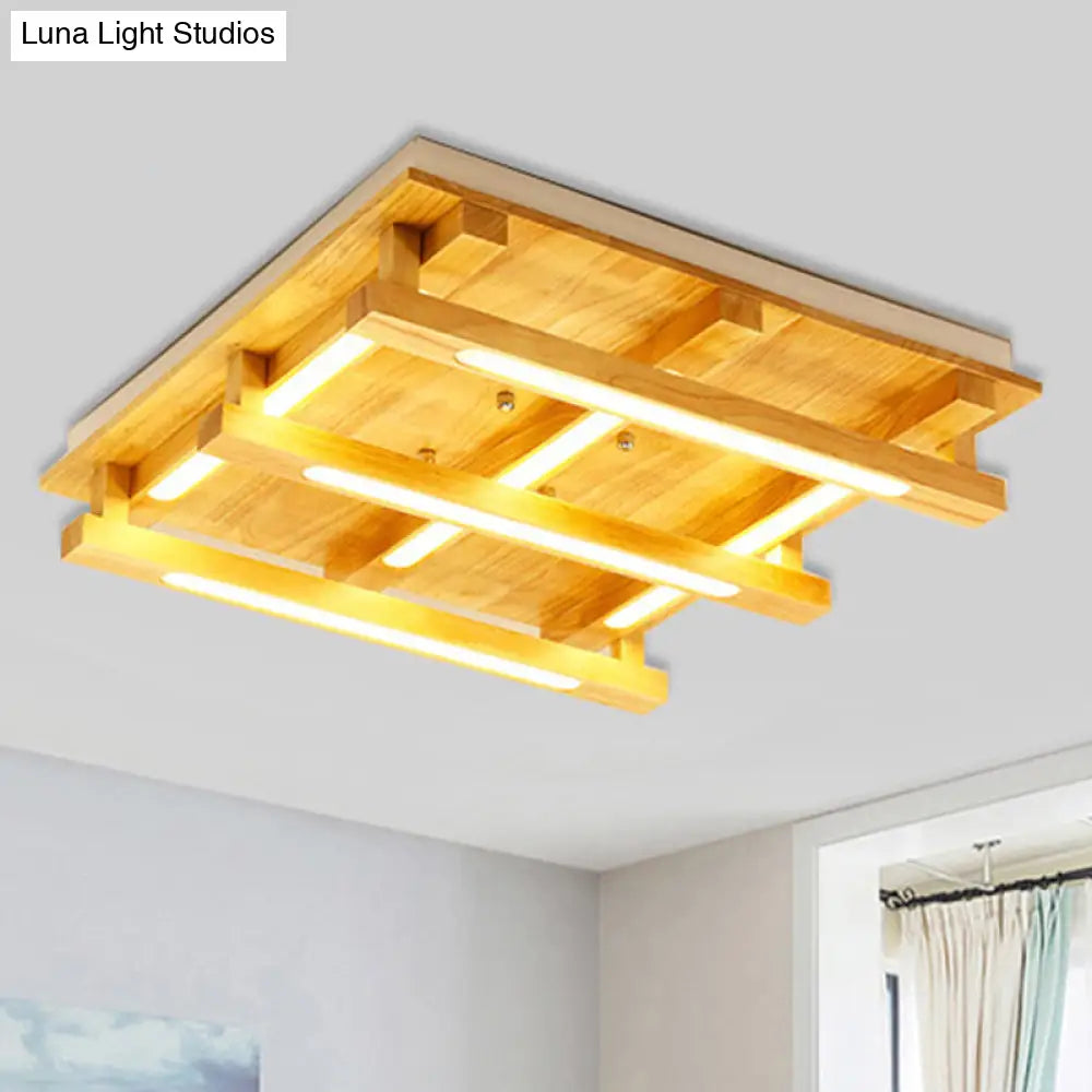 Led Flush Ceiling Light With Square Wood Shade - Modernist Brown Finish For Living Room (1/4/9