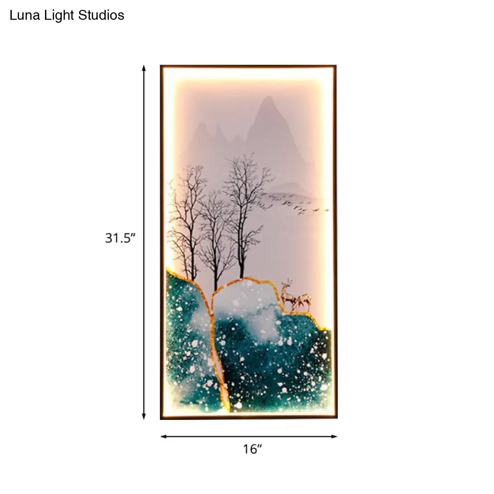 Light Asia Fabric Tearoom Rectangular Wall Mural Led Sconce With Fish/Elk Pattern Blue