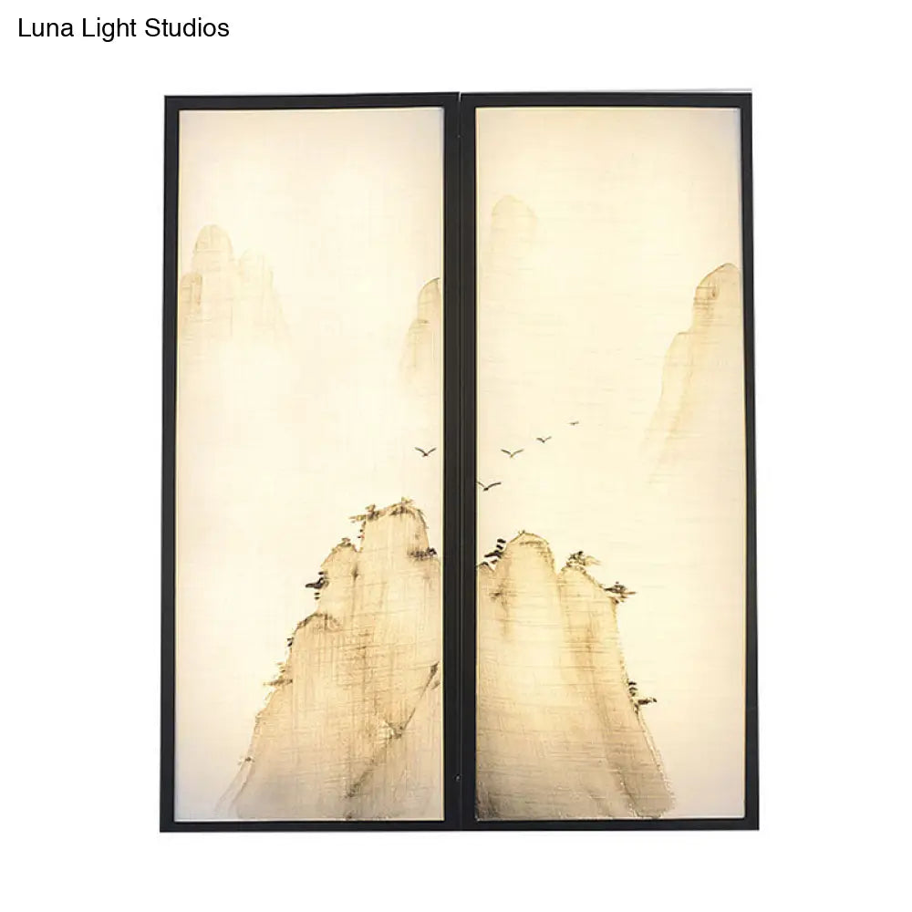Light Fabric Asian Wall Mural With Led Sconce Lighting - Hills Drawing Bedroom Décor