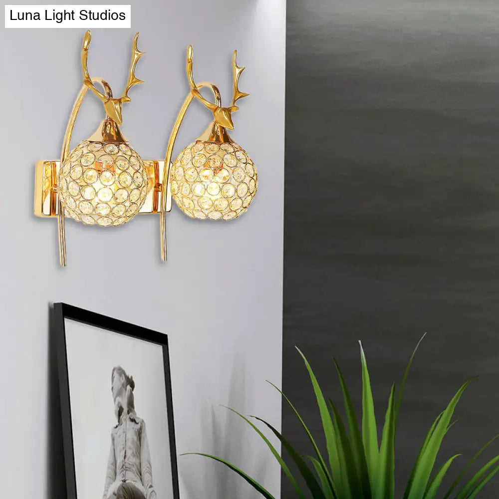 Lodge Style Metal Deer Head Wall Sconce: 1/2-Bulb Mount Light With Crystal Dome Shade In Chrome/Gold