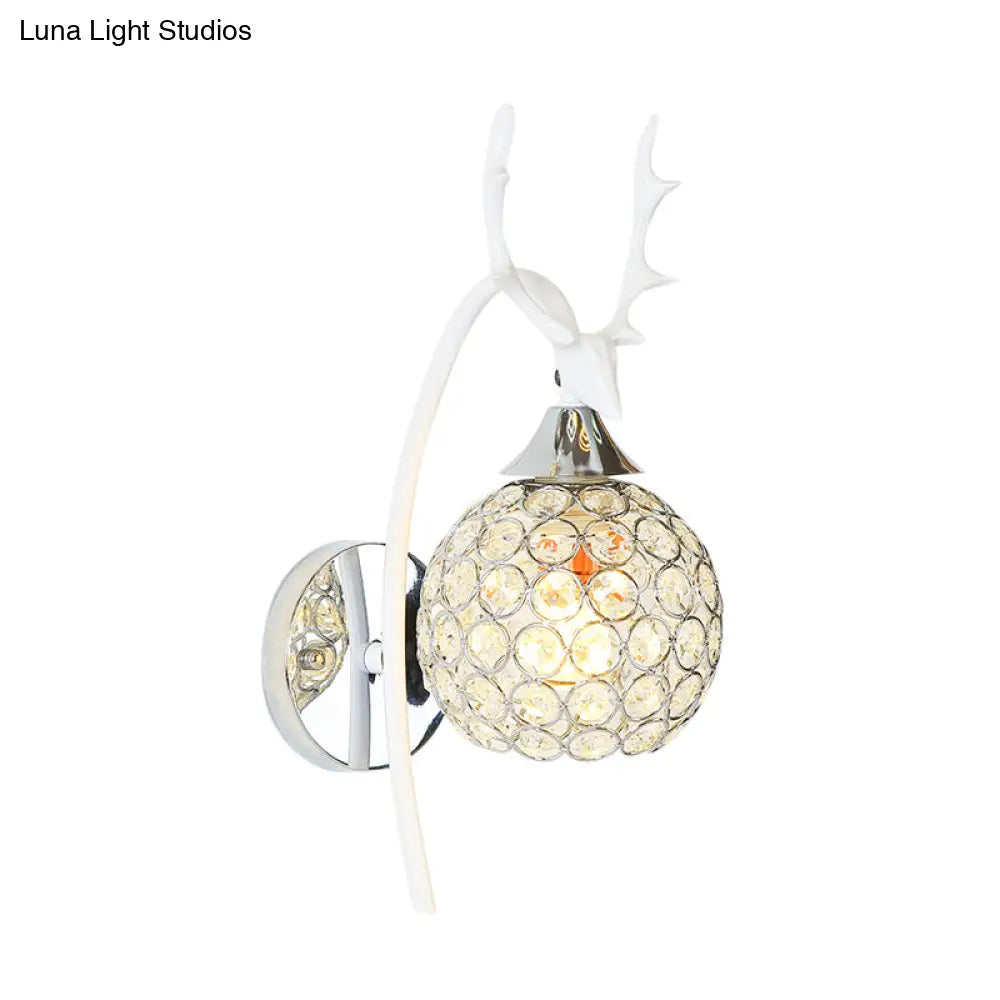 Lodge Style Metal Deer Head Wall Sconce: 1/2-Bulb Mount Light With Crystal Dome Shade In Chrome/Gold