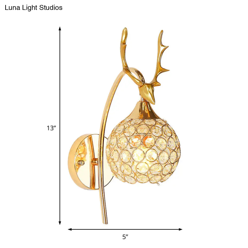 Lodge Style Metal Deer Head Wall Sconce: 1/2-Bulb Mount Light With Crystal Dome Shade In Chrome/Gold