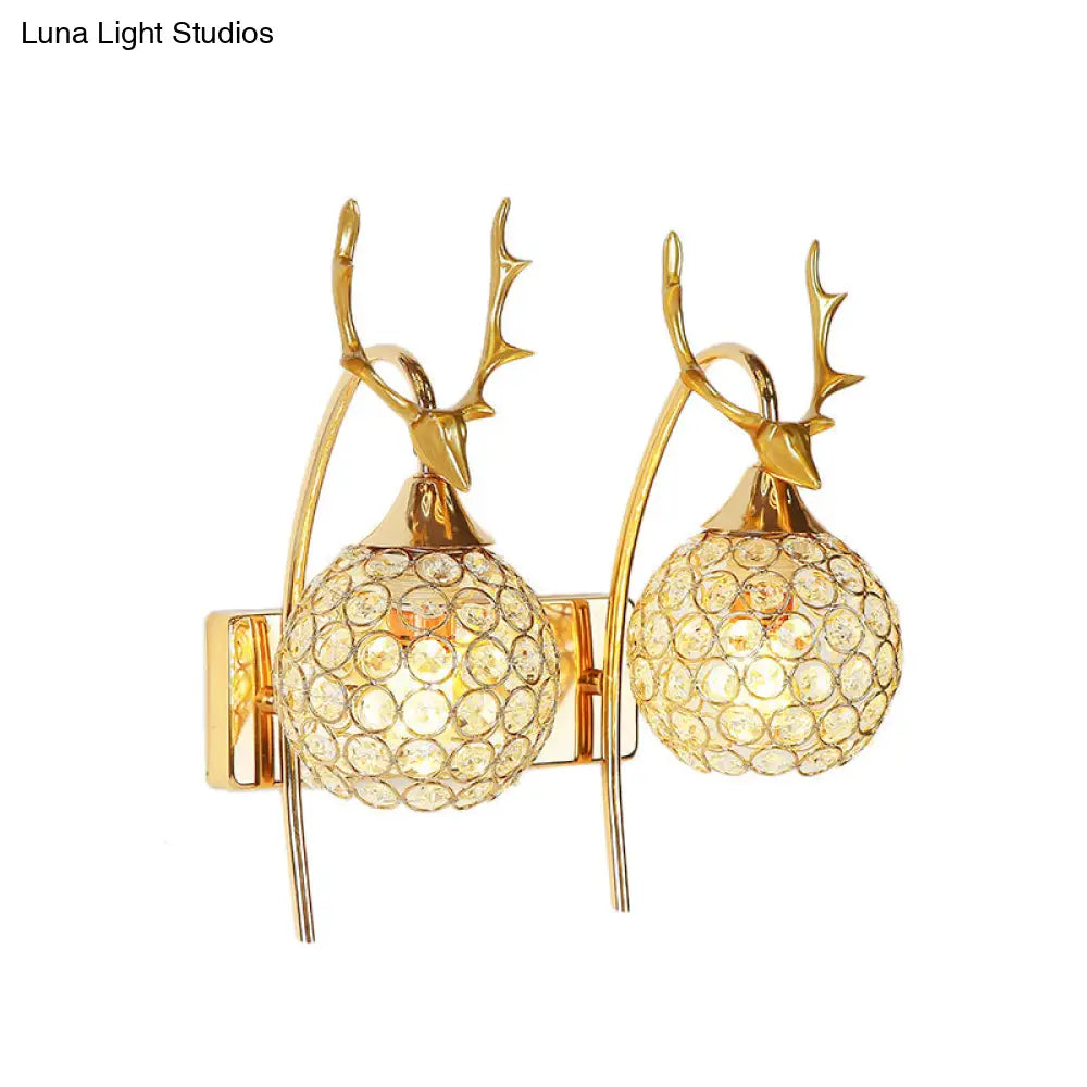 Lodge Style Metal Deer Head Wall Sconce: 1/2-Bulb Mount Light With Crystal Dome Shade In Chrome/Gold