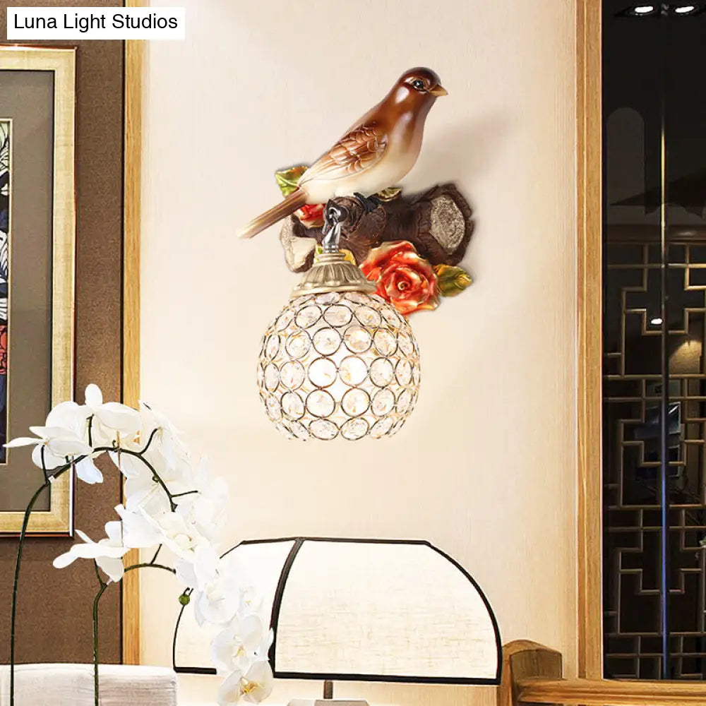 Lodge Style Resin Bird Wall Sconce Light With Crystal Global Shade