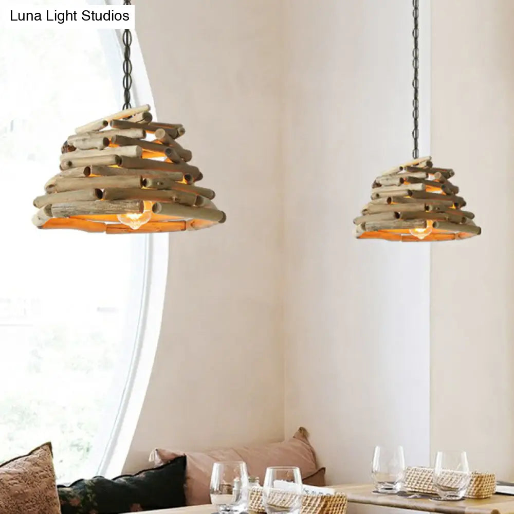 Lodge Wooden Pendant Light: Stacked Sticks Suspension Lamp For Dining Room