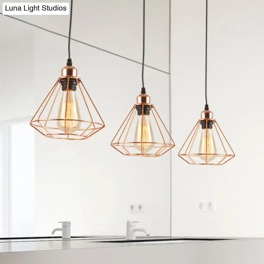 Loft Style Copper Diamond Caged Pendant Lamp - 3 Lights Black Finish
