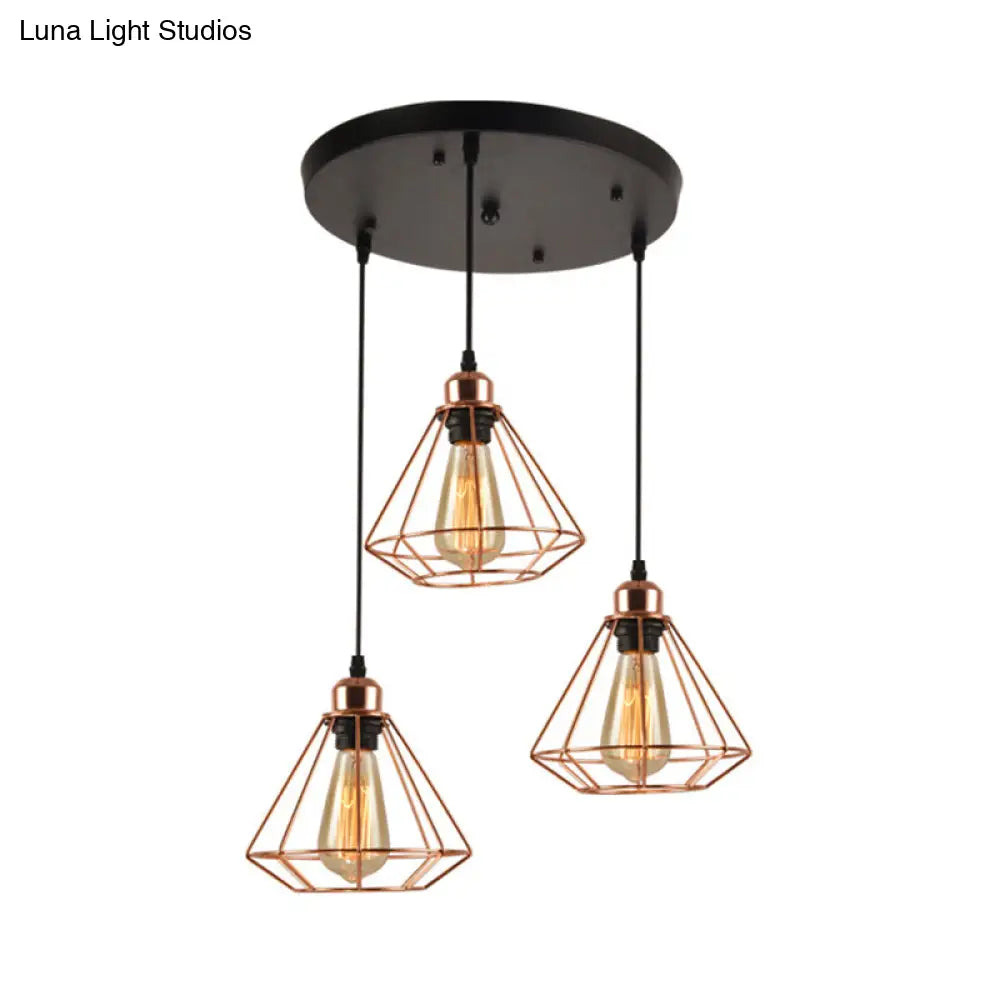 Loft Style Copper Diamond Caged Pendant Lamp - 3 Lights Black Finish