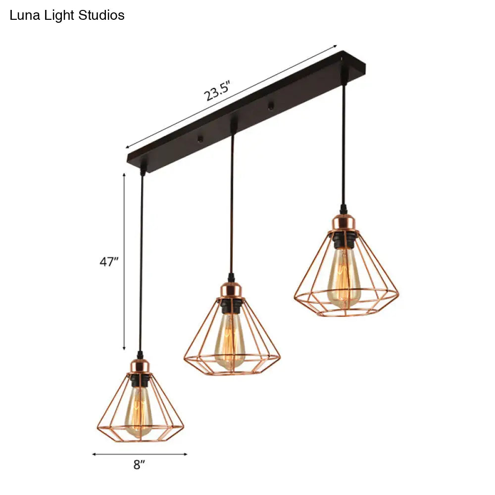 Loft Style Copper Diamond Caged Pendant Lamp - 3 Lights Black Finish