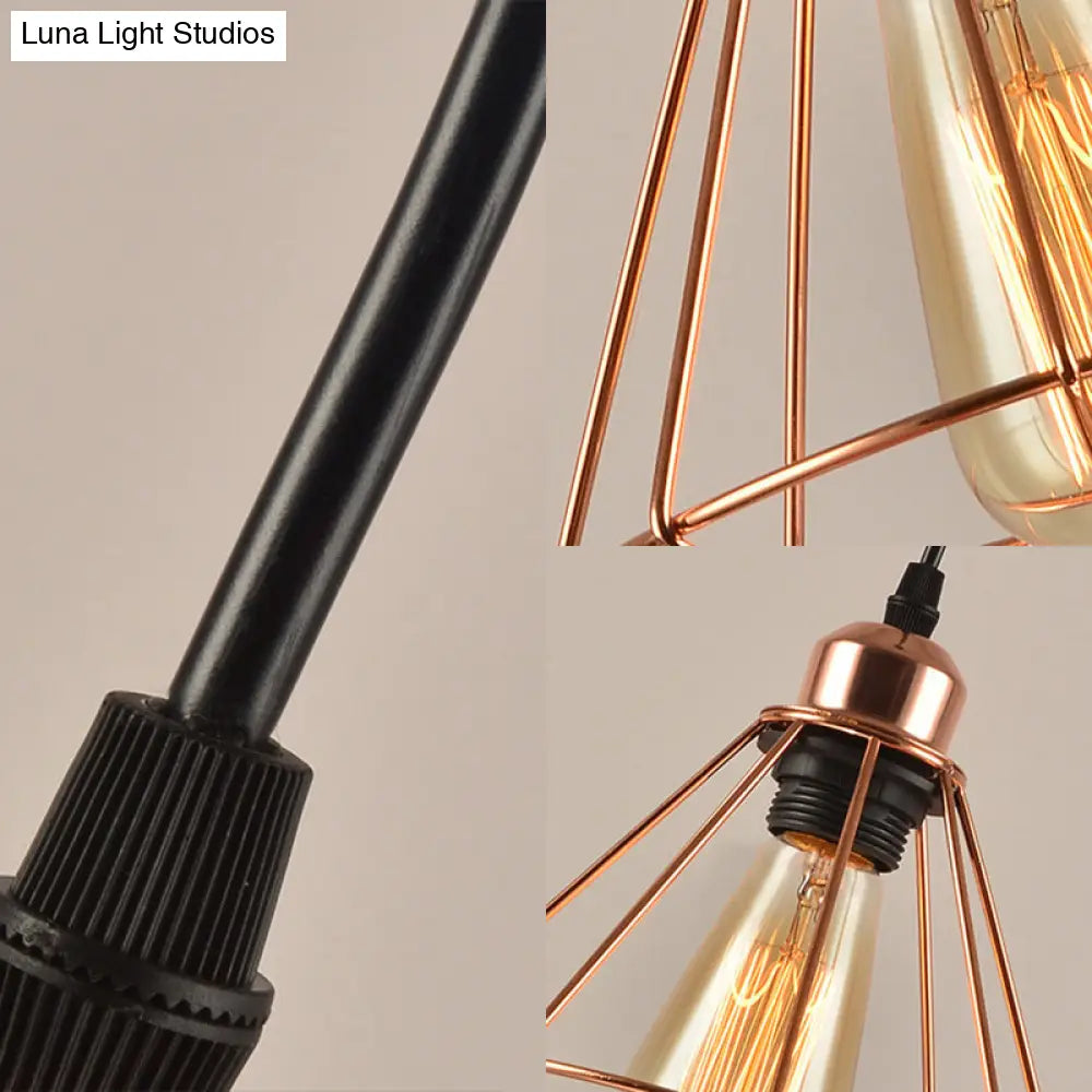 Loft Style Copper Diamond Caged Pendant Lamp - 3 Lights Black Finish