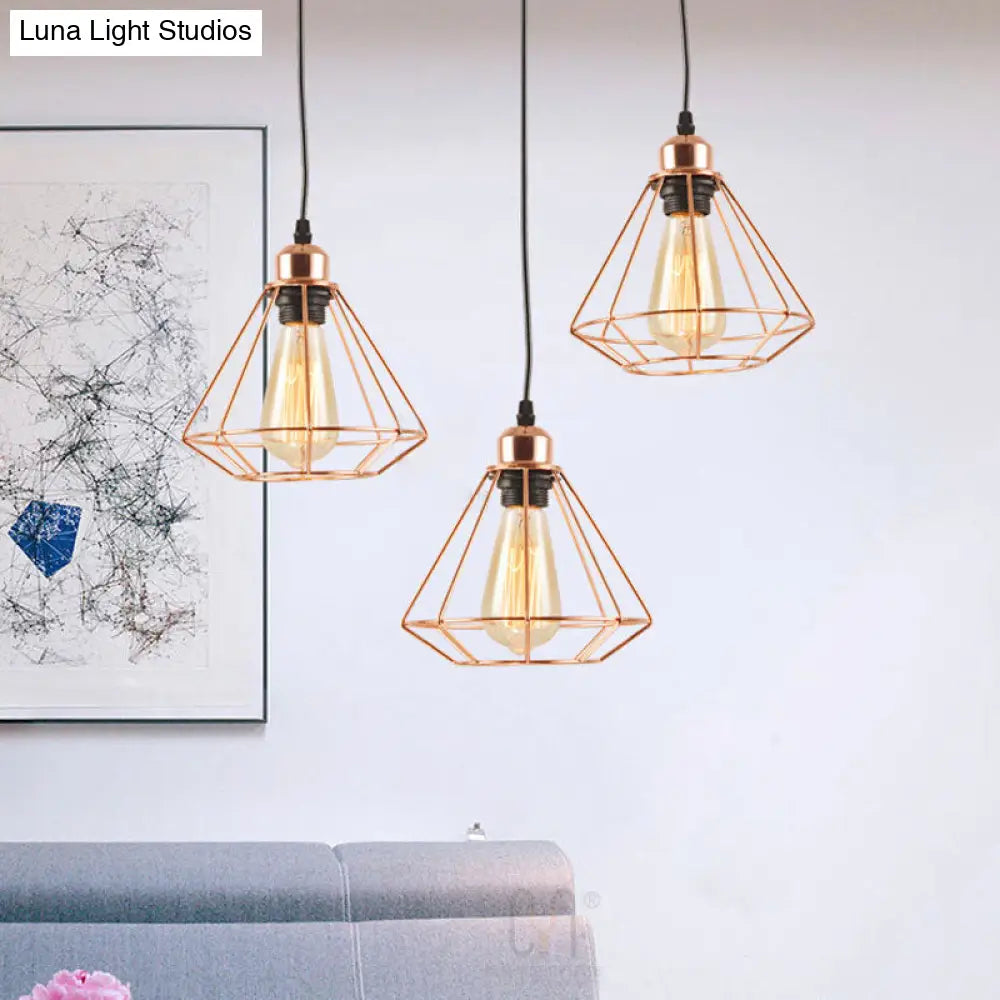 Loft Style Copper Diamond Caged Pendant Lamp - 3 Lights Black Finish