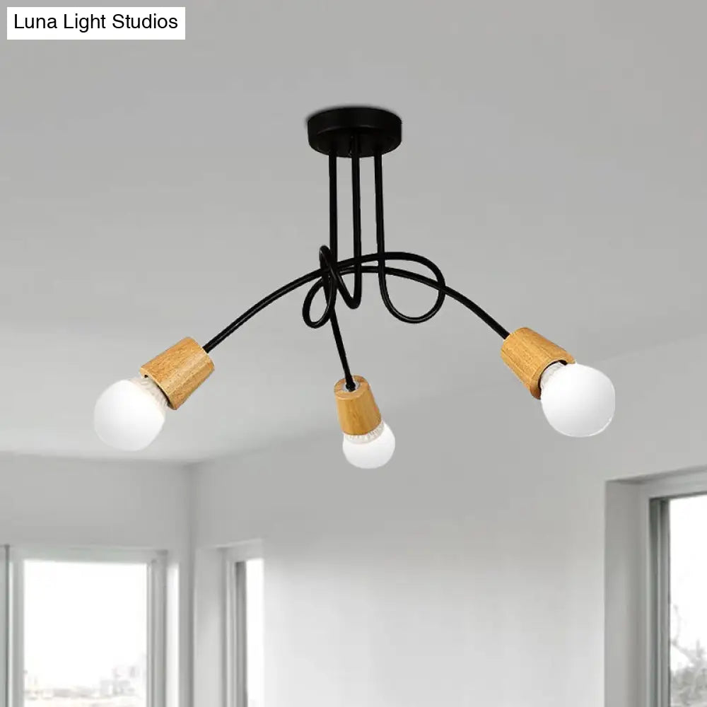 Loft Style Metal Ceiling Light With Open Bulb & Twisted Arm – 3/5 Lights Wood Accent Perfect For