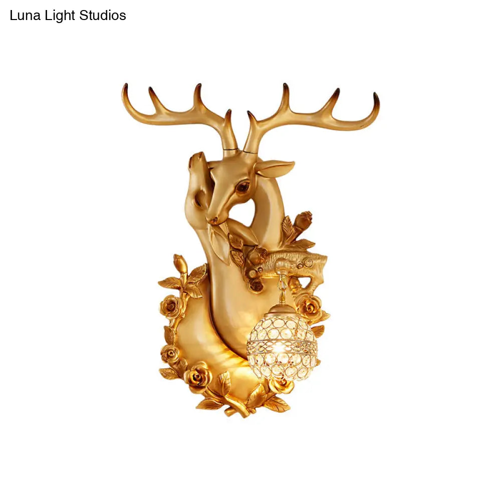 Loft Style Wall Mounted Sconce With Clear Crystal Shade Blue/Gold Finish And Deer Head Accent