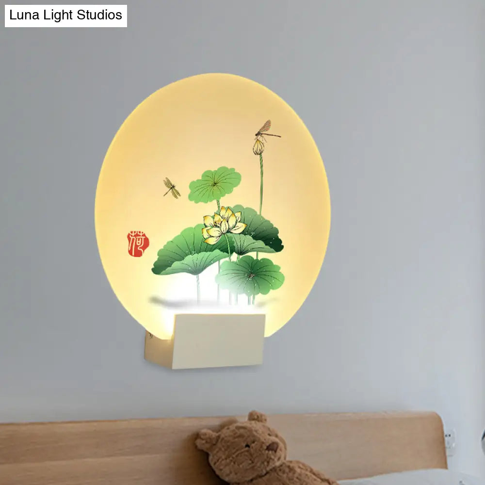 Lotus Leaf & Dragonfly Pattern Led Wall Light -Asia Style Circular Acrylic Mural In White