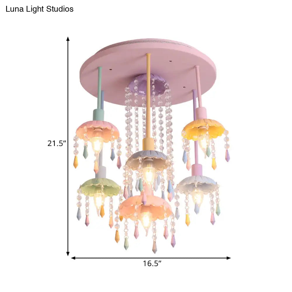 Macaron Beaded Crystal 7 - Light Pink Semi Flush Mount Ceiling Light For Girls’ Bedroom