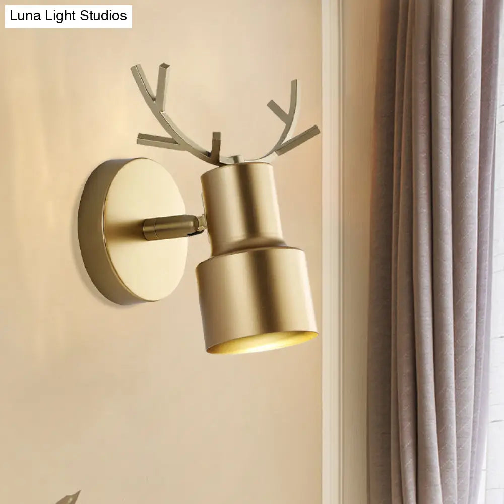 Macaron Gold Antler Led Wall Light: Modern 1-Light Fixture For Bedroom With Dual Drum Metal Shade