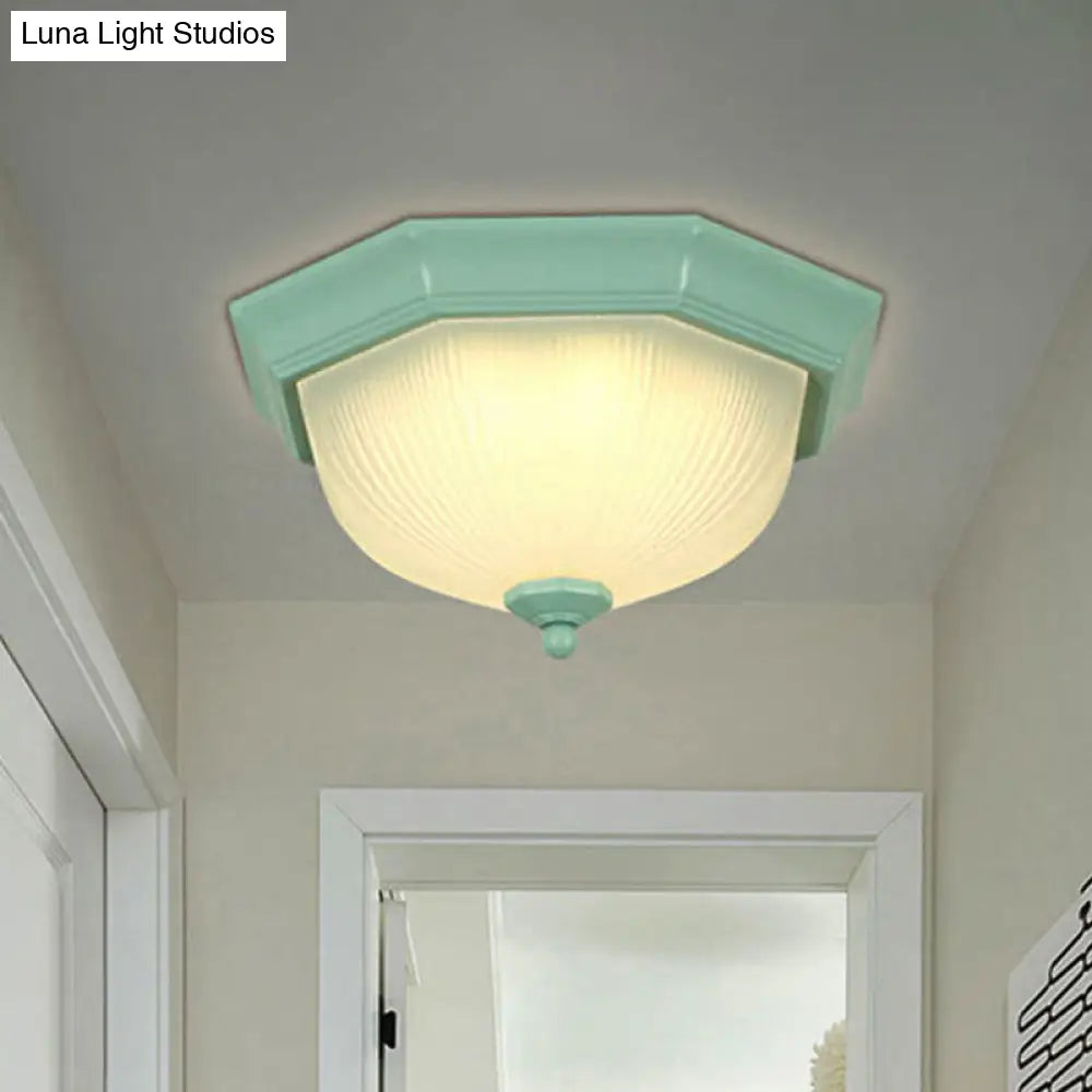 Macaron Style Flush Ceiling Light With Ridge Glass Dome Shape - Ideal For Balcony