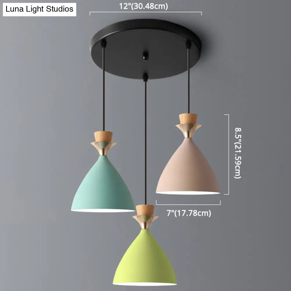 Macaroon 3-Light Cluster Pendant: Vibrant Green Pink And Yellow Cone Metal Shade Hanging Light With
