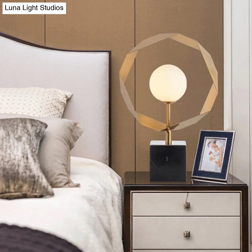 Marble Night Table Lamp: Elegant 1-Bulb Gold Lighting With Milky Glass Shade For Bedroom