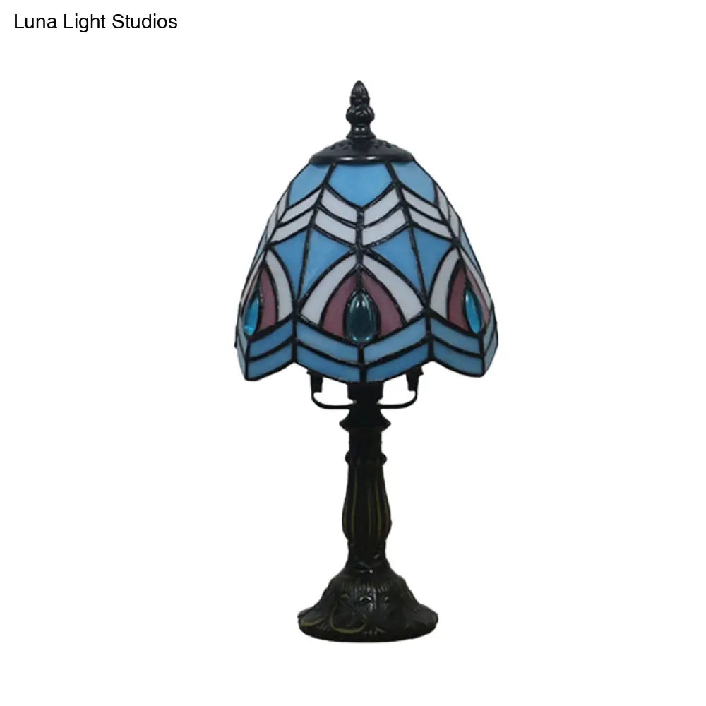 Mediterranean Beige/Pink Glass Bowl Night Lamp - Hand-Cut With Floral/Peacock Tail Patterns Table